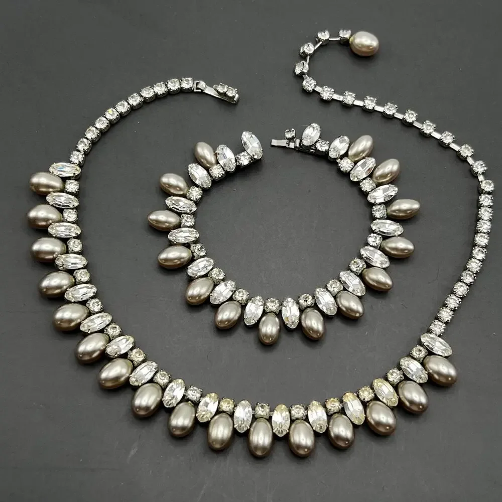 Vintage Signed Rhinestones Faux Pearl Choker Necklace Bracelet Designer Jewelry